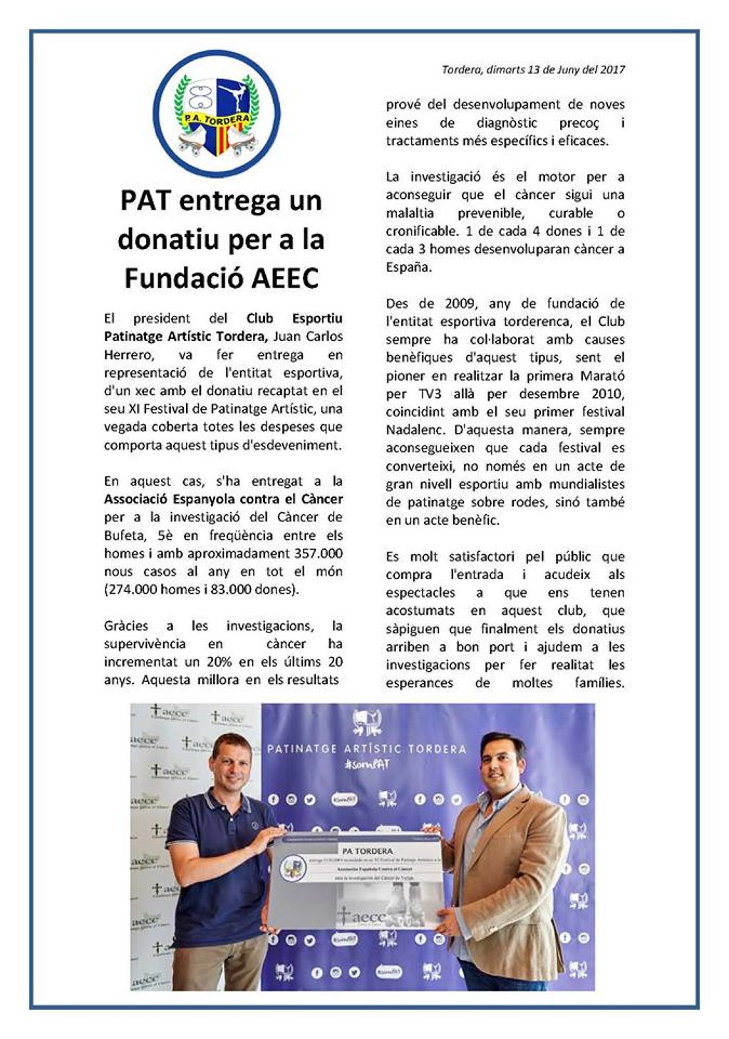PAT ENTREGA UN DONATIVO PARA LA FUNDACIÓN AECC
