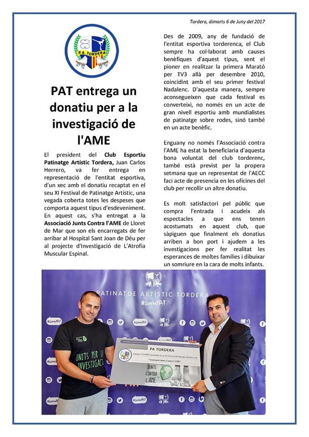 PAT ENTREGA UN DONATIVO PARA LA INVESTIGACIÓN DE LA AME